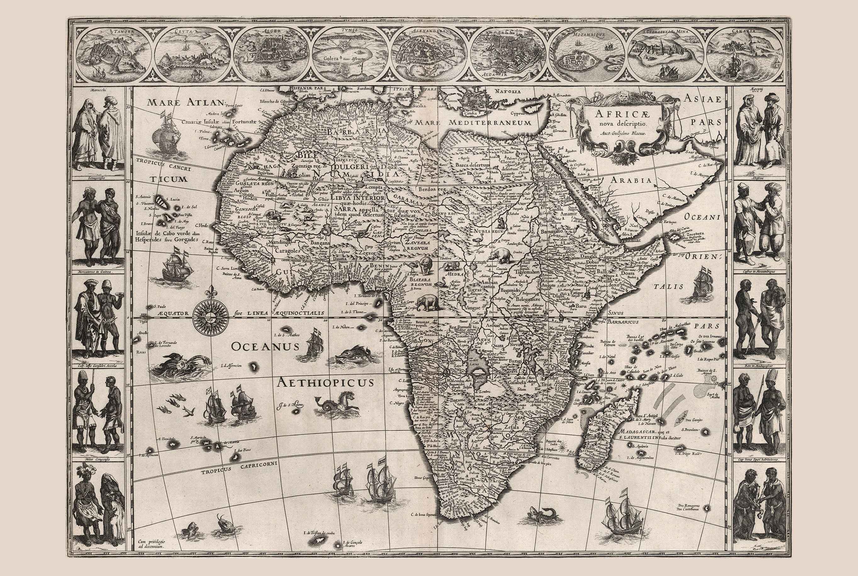 1630 Africa Map “Africae Nova Descriptio” - Major Cities & Regional Dress Print - Strategy Maps
